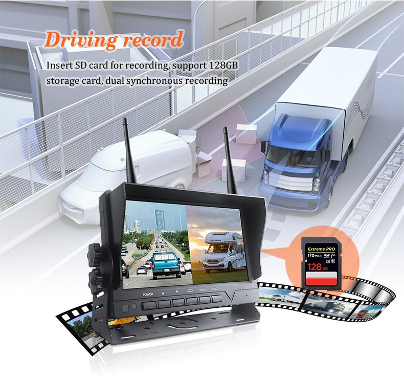 2.4G Wireless Truck Car Reverse Backup Rear View Camera DVR System with Monitor for Auto Vehicle Parking Assist Aid Waterproof